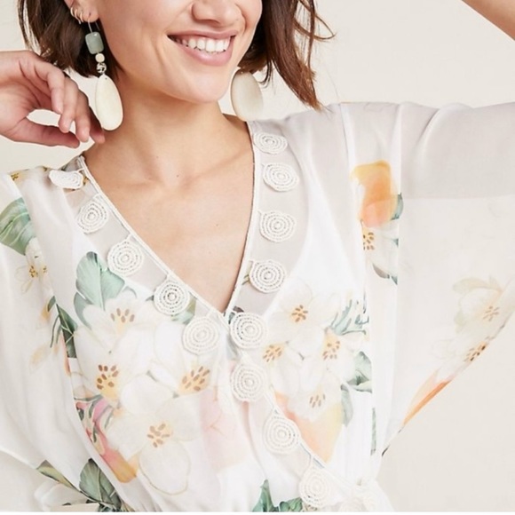 Farm Rio Anthropologie Eloisa Floral Midi Dress Chiffon Flutter Sleeve - Picture 3 of 10